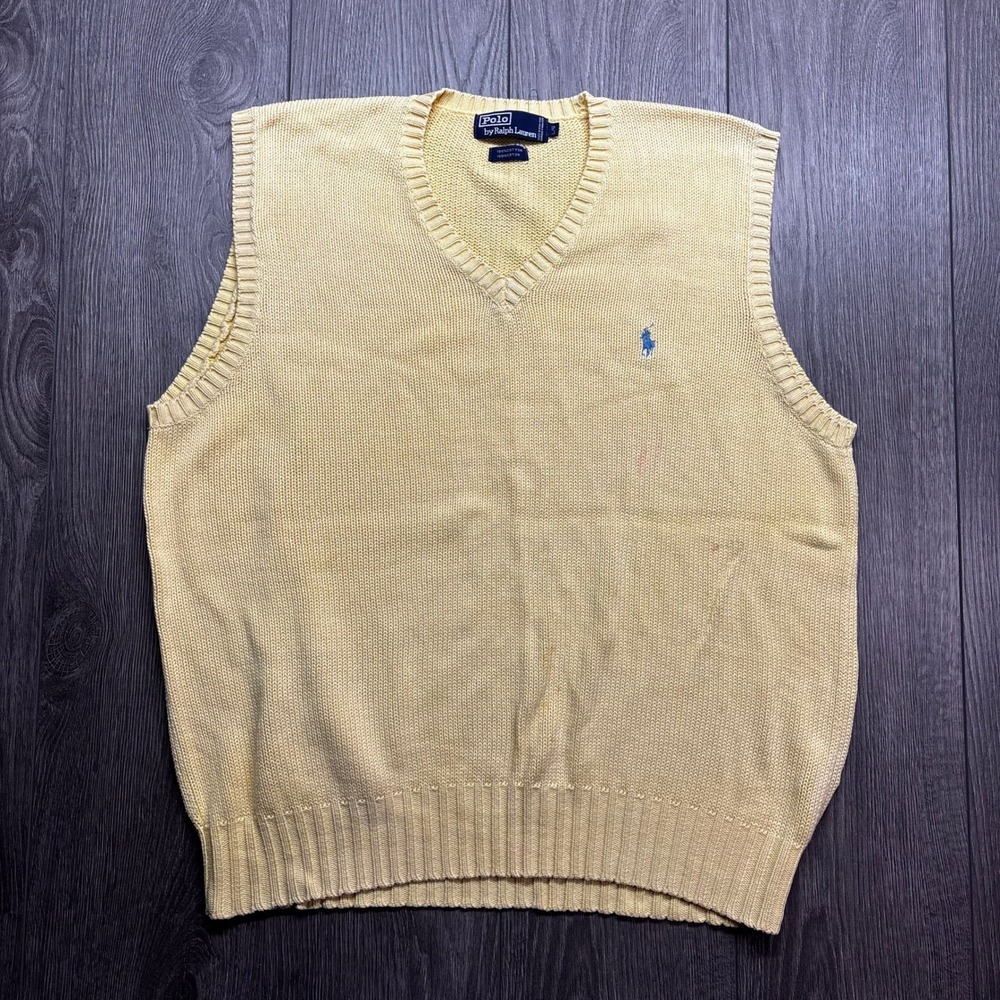 Polo Ralph Lauren Vintage Mens Large Yellow Cotton V-Neck Knit Sweater Vest Blue